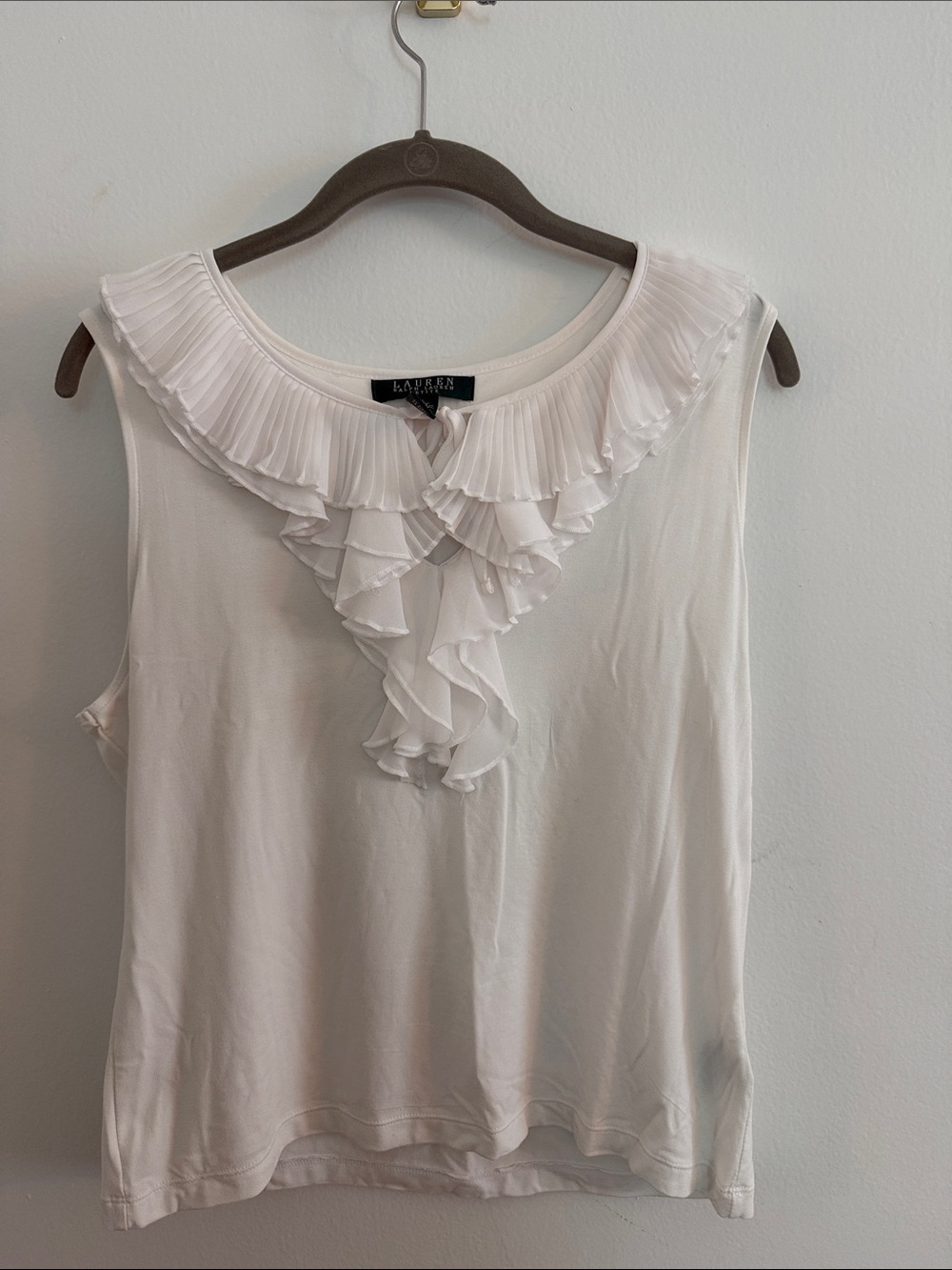 Lauren Ralph Lauren White Pleated Ruffle V-Neck Sleeveless Top